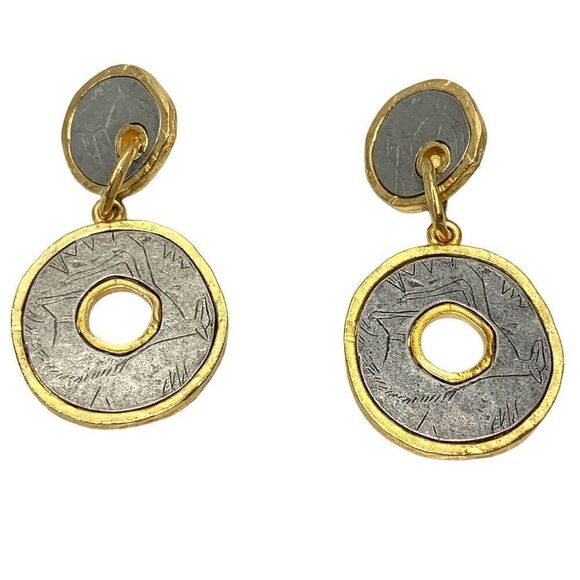 Vintage 80s 3" Grey and Gold Dangle Clip-On Earrings - Picture 1 of 5